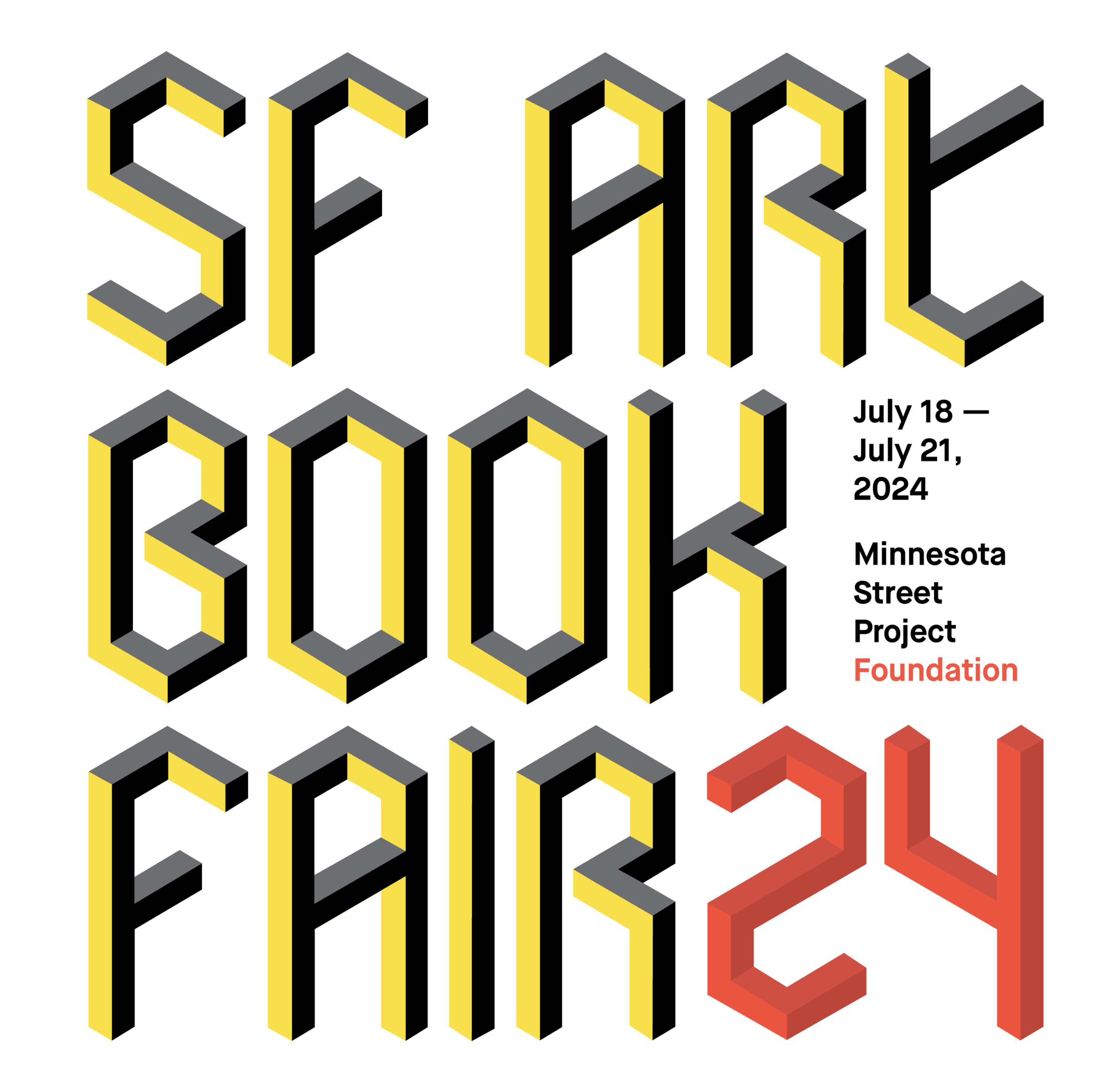 a flyer with bold typography. yellow and gray letters spell "SF ART BOOK FAIR" and red numbers read "@$". smaller text is information repeated from the event listing.